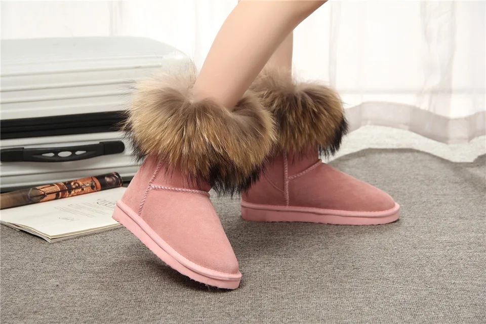 MBR FORCE Fashion Women's Natural Real fox Fur Snow Boots Genuine Cow Leather women Boots Female Warm Winter Boots Shoes