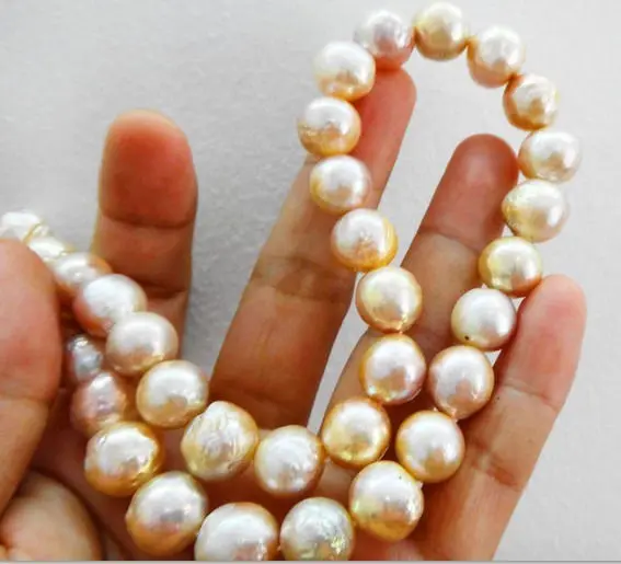 

HUGE 15MM AUSTRALIAN SOUTH SEA GENUINE GOLDEN PINK NUCLEAR PEARL NECKLACE 14K