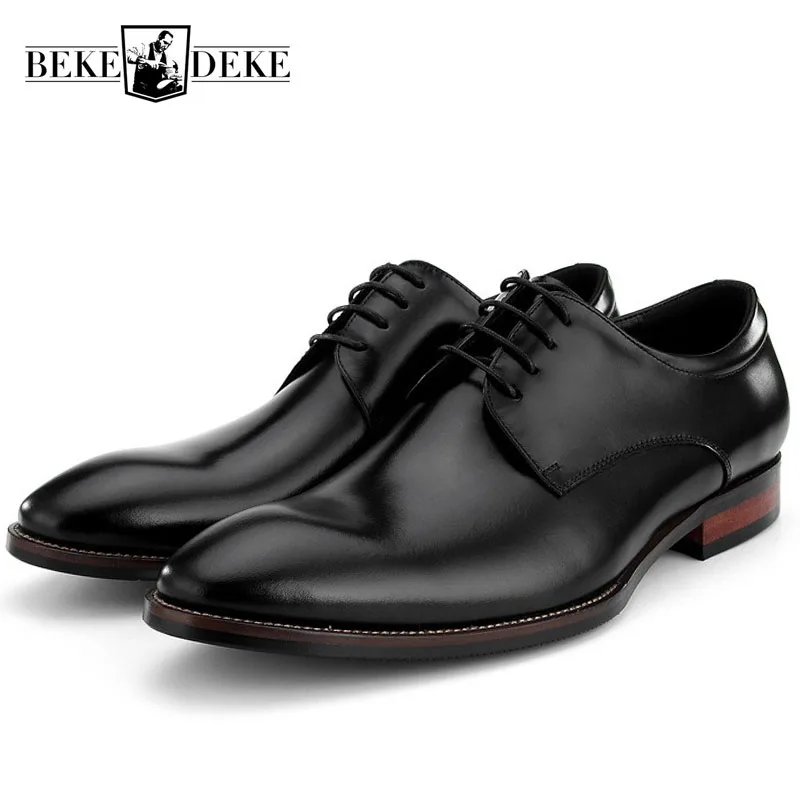 

Business High Quality Genuine Leather Mens Footwear Pointed Toe Lace Up Wedding Party Luxury Formal Dress Male Derby Shoes Black