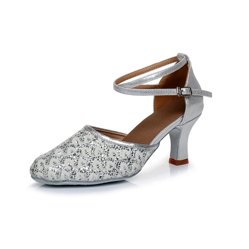 Alharb Туфли для латинских танцев для Для женщин девочек Танго бальных танцевальные, на высоком каблуке мягкие туфли для танцев 5/7 см Бальные Обувь для танцев - Цвет: Silver5cm
