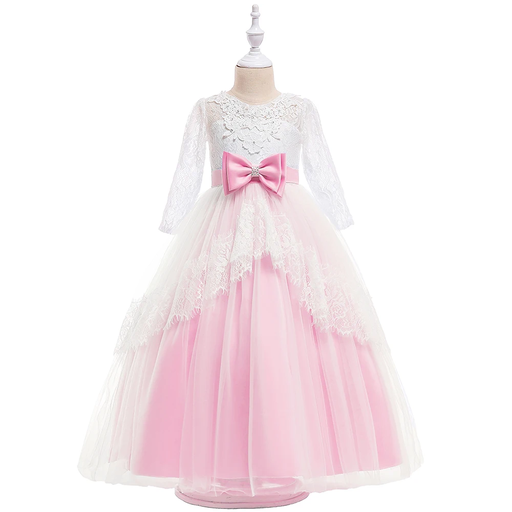 Retail Floral Lace Elegant Princess Flower Girls Dress With Big Long Bow Crystal Bow Teenage Girl Formal Party Prom Dress LP-203