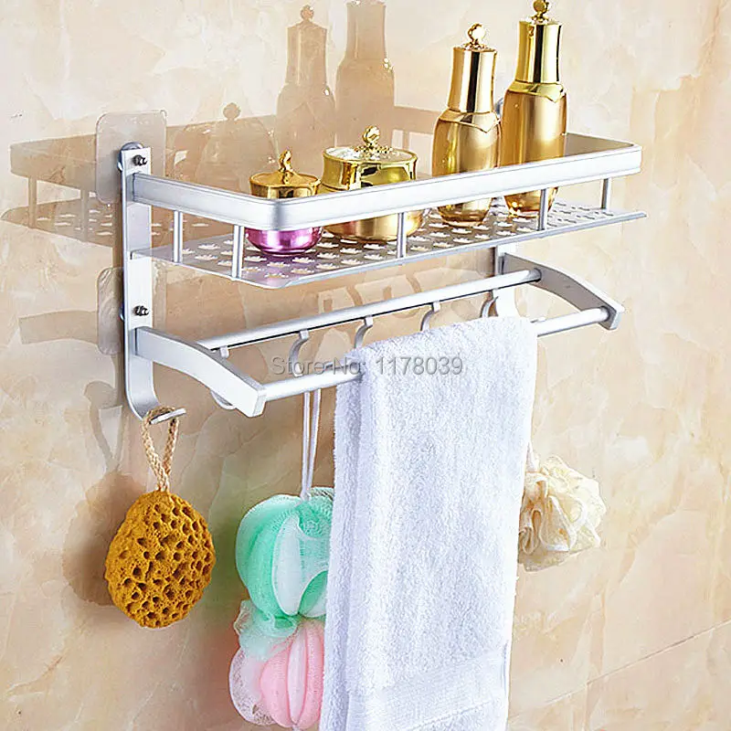 No drilling hole Space aluminum single towel rack with hooks,Suction