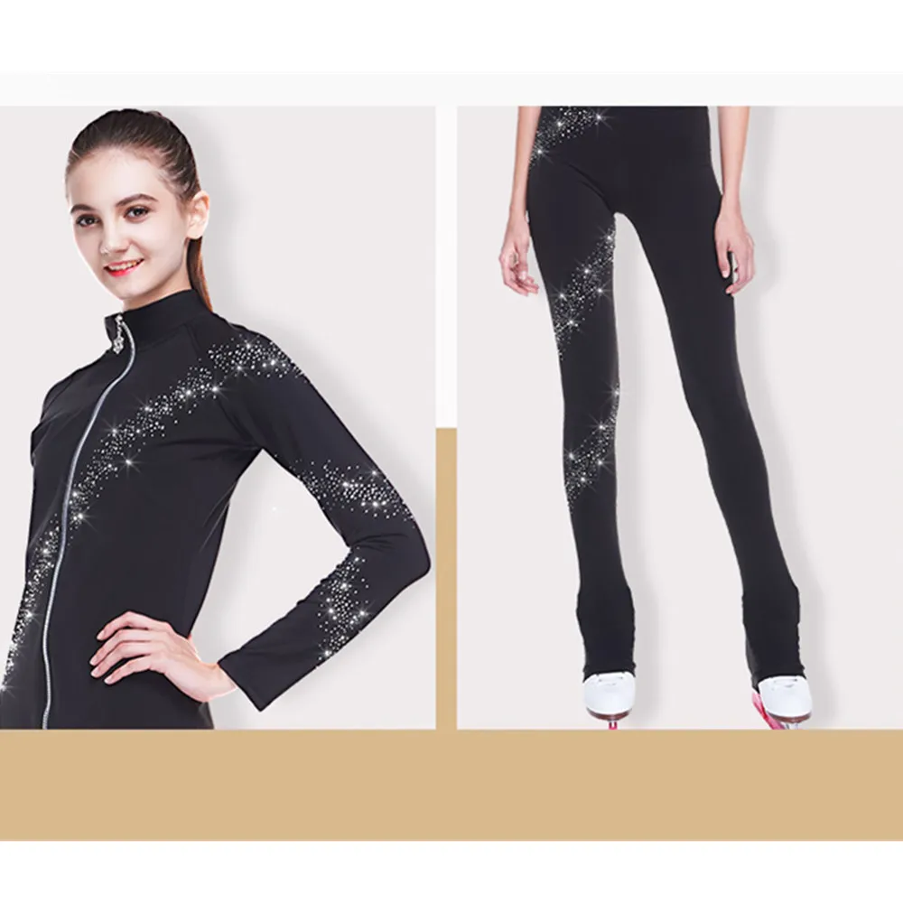 LIUHUO Ice Figure Skating Jacket Pants Women Boy Girl Trousers Roller Top Black Spandex Stretchy Training Competition Teens Kids