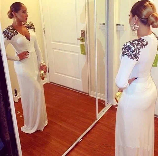 

Robes soiree 2017 Elegant White Straight Long Evening dresses Plus size Long Sleeve Beaded Prom Gown Party Dresses Abendkleider