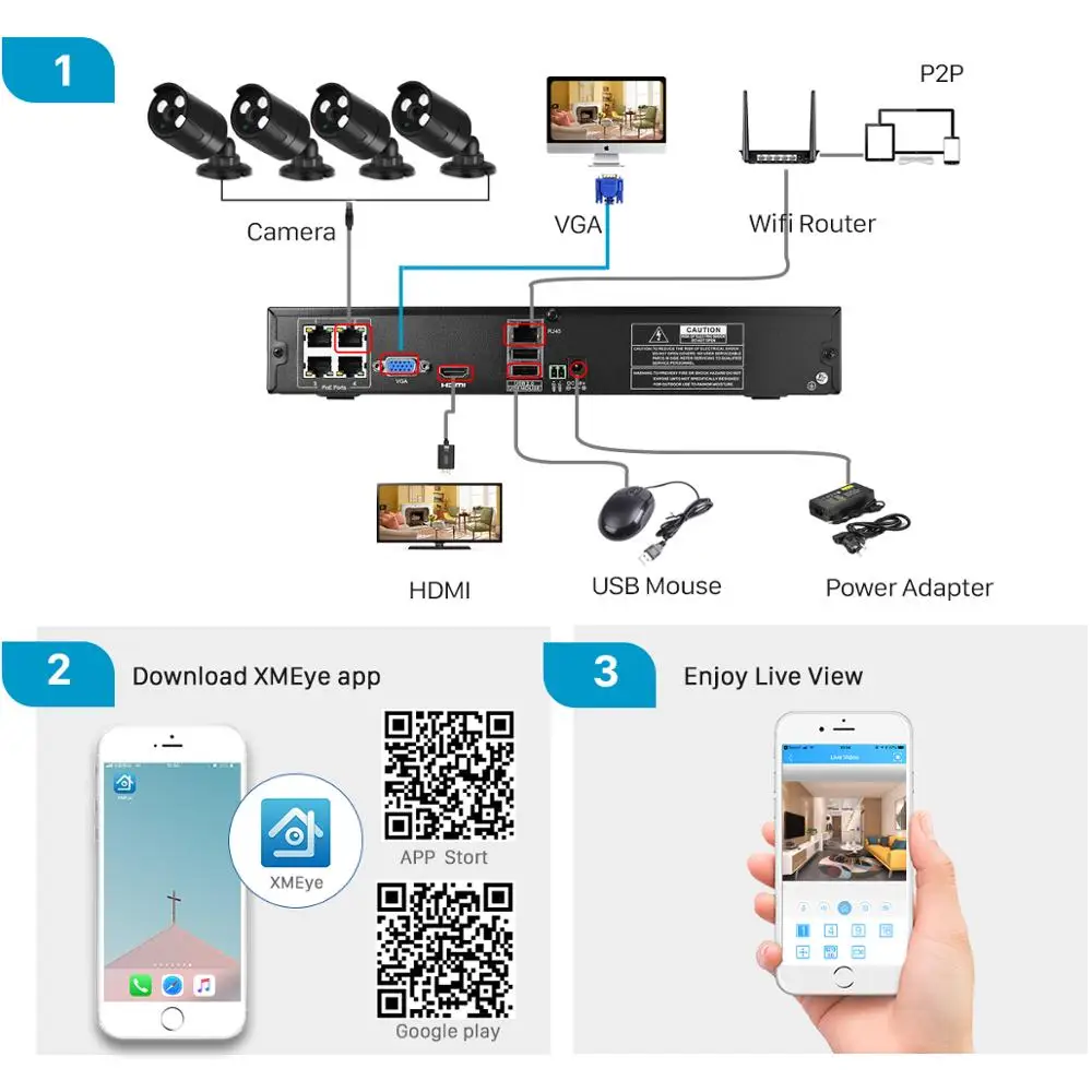 H.265 3MP 2MP камера видеонаблюдения системы безопасности 4CH POE NVR с IP набор камер наблюдения водонепроницаемый IP66 система видеонаблюдения XMEye