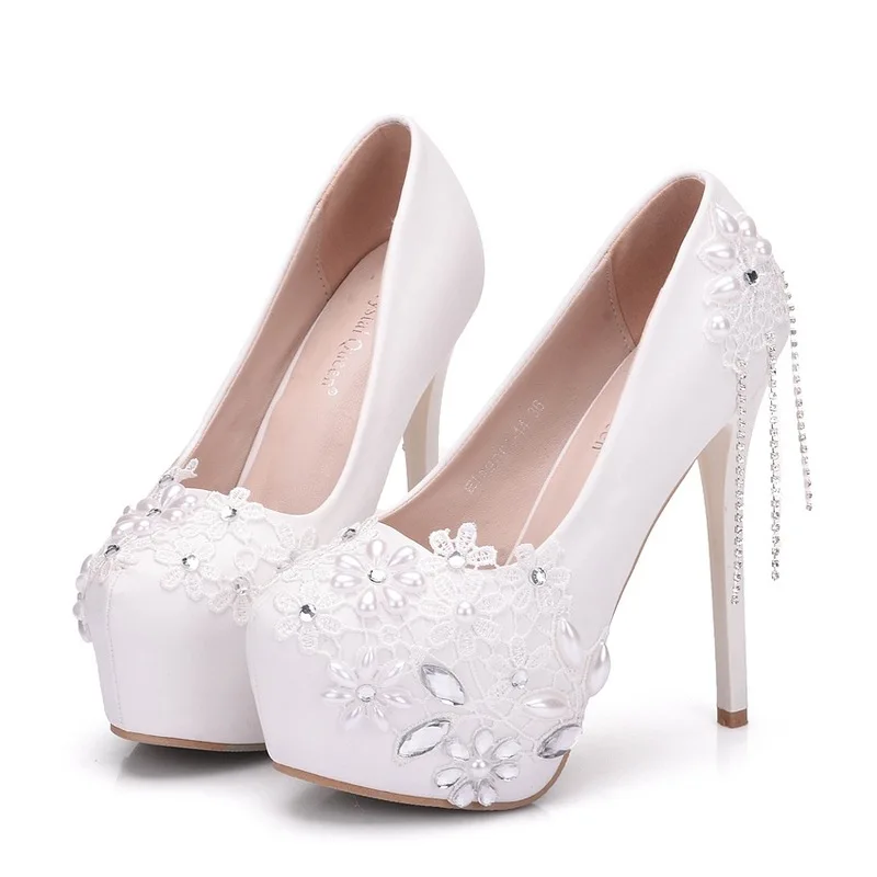 

Wonen Pumps Fashion Rhinestone pearl Wedding Shoes Round Toe 14CM Thin Heels Women Party Shoes Nightclub Pump