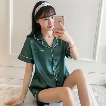 

Yfashion Women Set Summer Imitated Silk Pajamas Women Home Wear Short Sleeve Pajamas Set Ladies Summer Tops + Shorts