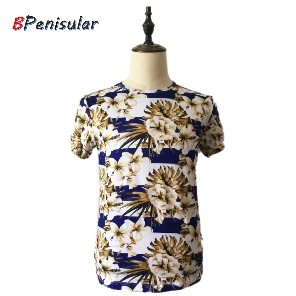 

2019 Summer Short Sleeve T Shirt Mens Gardenia Flowers Floral Print Round Neck T-shirts Man Bodybuilding Stretch Casual Tops