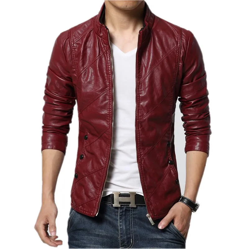 New Fashion PU Leather Jacket Men Black Red Brown Solid