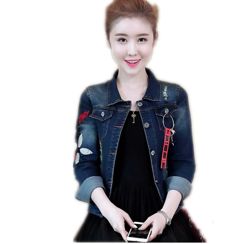 

2019 New Spring Denim Jacket Short Female Long Sleeve Embroidery Flowers Plus Size 3XL Denim Jackets Women Slim Denim Coat Q1248