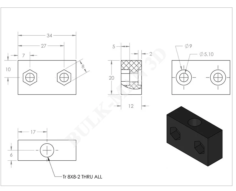 5 шт./лот T12* 20*34 ЧПУ части высокого качества Tr8* 8 Acme Гайка Блок для 8 мм метрический свинцовый винт
