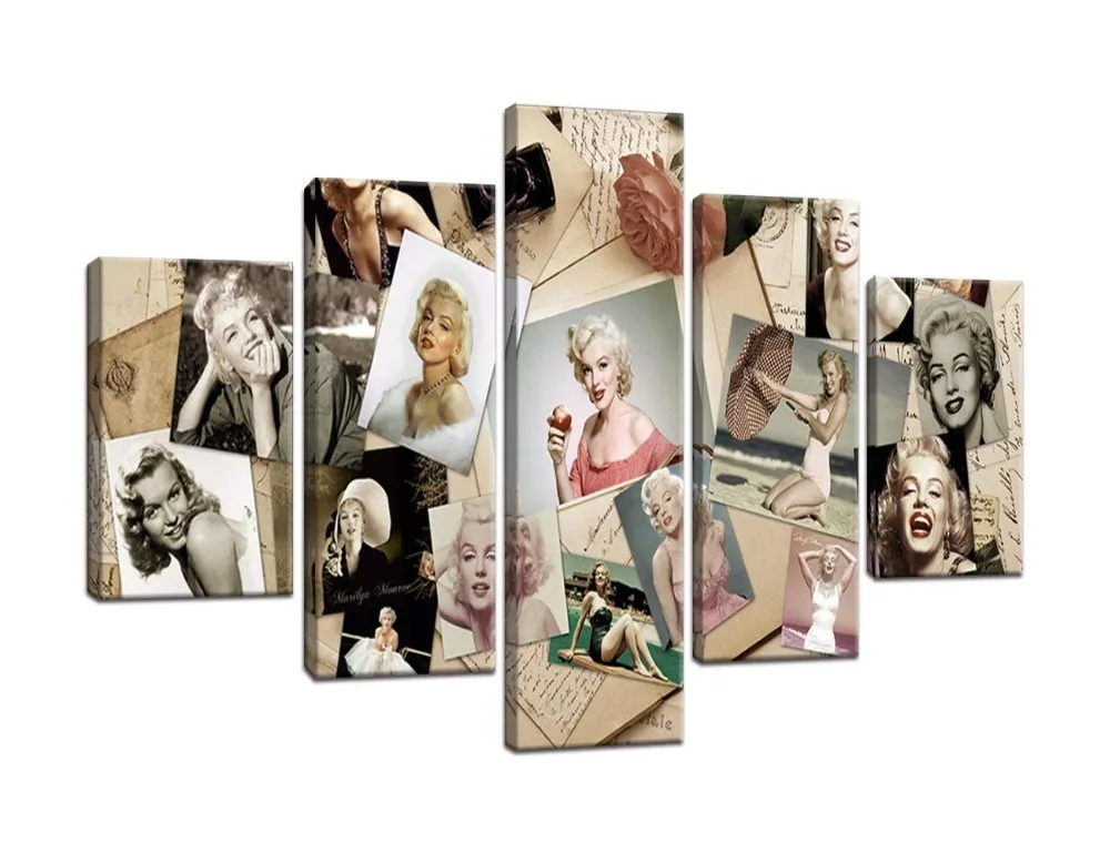 Extra Large Painting on Canvas Classical Portrait of Marilyn Monroe Wall Art,5 Pieces Artwork Picture Giclee Posters and Prints for Living Room Home Decor,Framed Stretched Ready to Hang(60''Wx40''H)