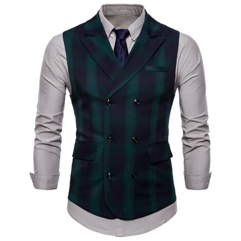 

LASPERAL Spring And Autumn Men's Suit Double-breasted Plaid Vest British Wind Double Pocket Lapel Large Size Men's Vest