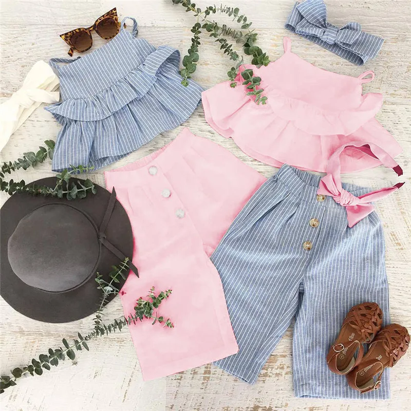 Girls suit summer 2019 new Toddler Kids Baby Girls Striped Ruffle Tops T Shirt+Pants+Headband Outfits Sets  (8)