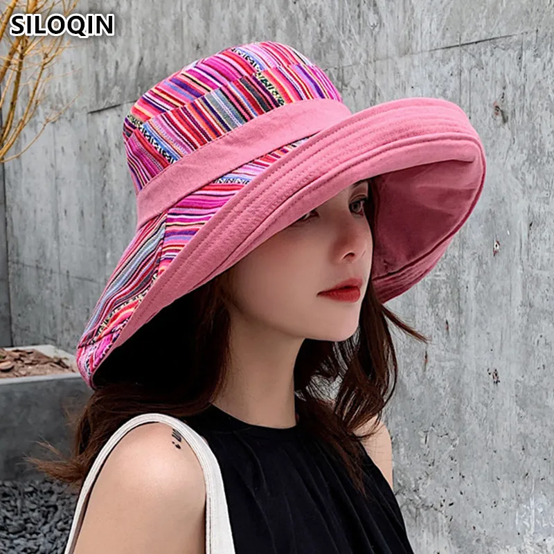 

SILOQIN Foldable Elegant Lady Beach Hat Large visor Women's Bucket Hats 2019 New National Wind Female Fashion Novelty Sun Hat