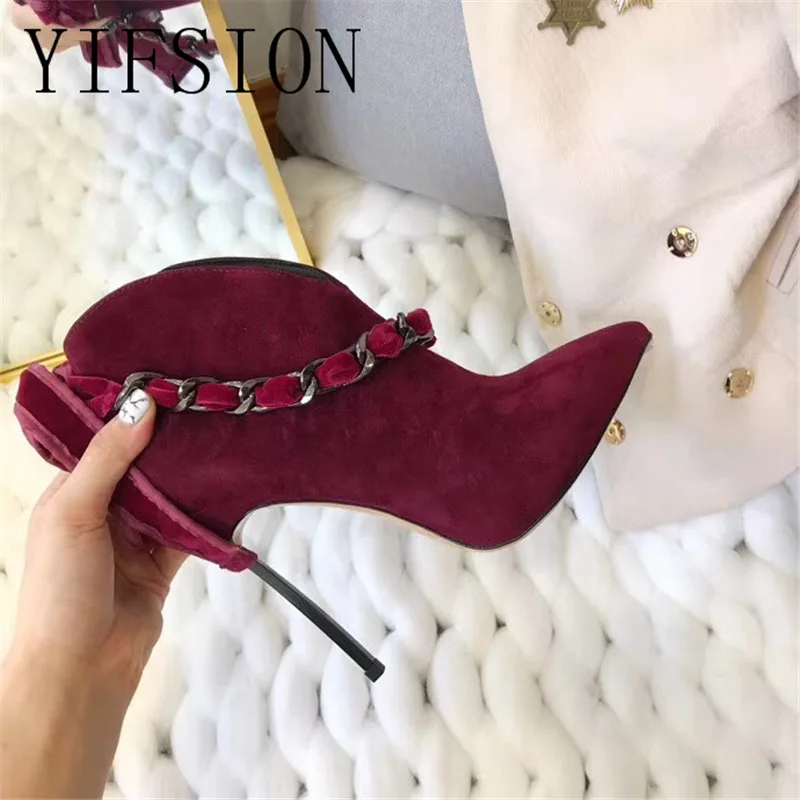 

OLOME New Black Red Genuine Leather Women Boots Pointed Toe Slip On Thin High Heel Women Autumn Ankle Boots Shoes Woman