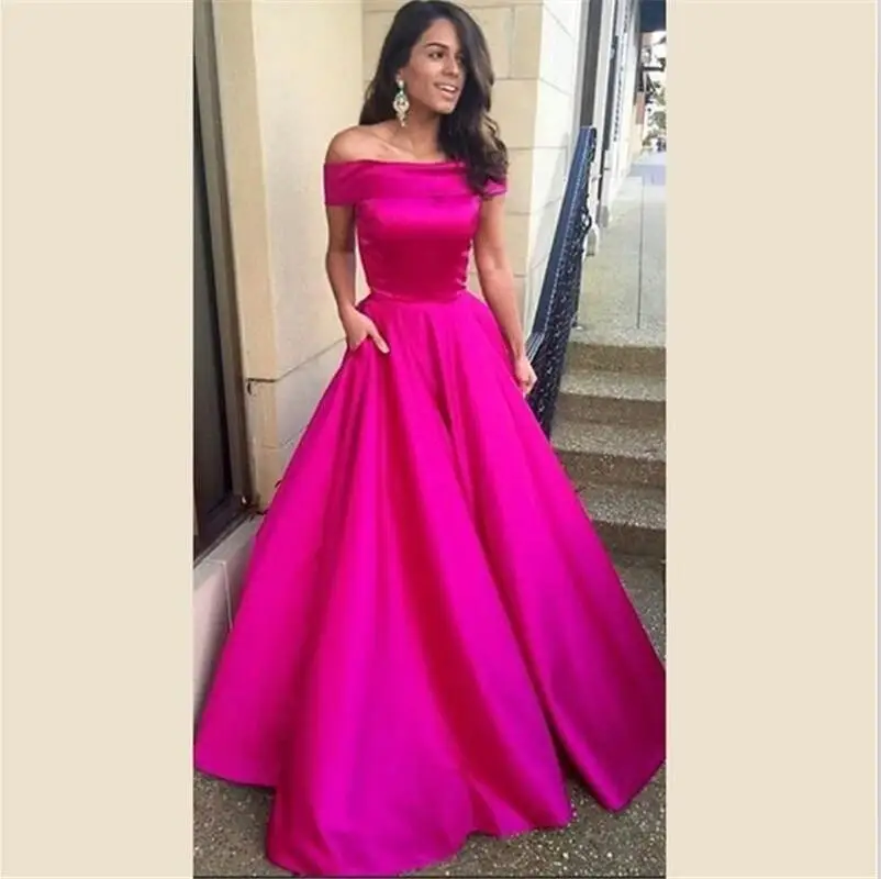 

Fuchsia Pink Long Prom Dresses Sexy Off the Shoulder Boat Neck A Line Satin Evening Party Dress vestidos de gala 2018