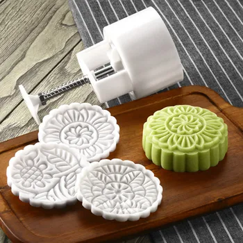 

185 Grams Large Moon Cake Mold Round Flower Plastic Baking Pastry Tools Chinese Cake Plunger Set DIY Hand Press Mooncake Tools