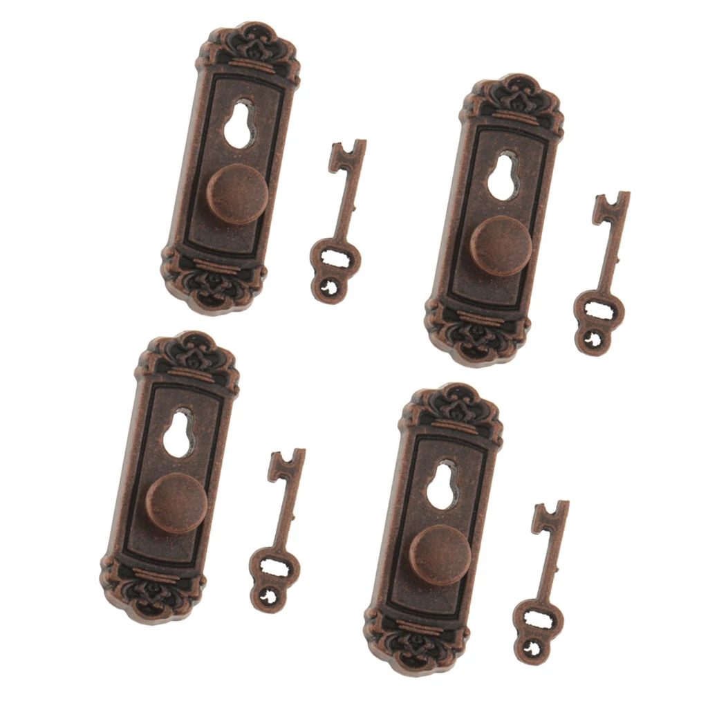 1:12 Scale Metal Door Handle Knob Plate & Key Set Doll House Miniature 4pcs