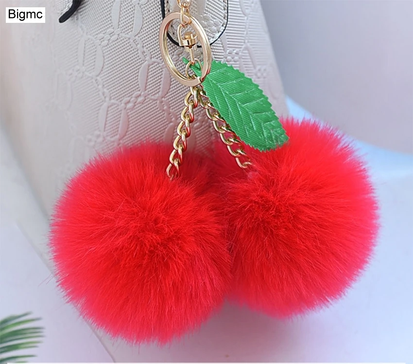 

Cherry Pendants Car Key Ring Imitation fox hair Keychain double Faux Fur Pompom Key Chain Lovely Bag Keychains For Gift K1676