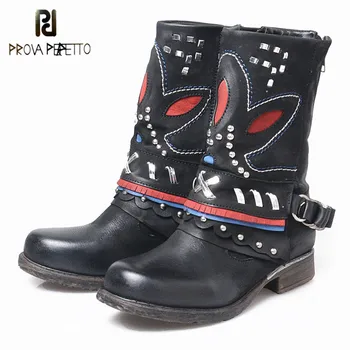 

Prova Perfetto Warm Genuine Leather Thick Bottom Round Toe Women Mid High Boots Retro Embroider Zipper-side Low Heel Boots