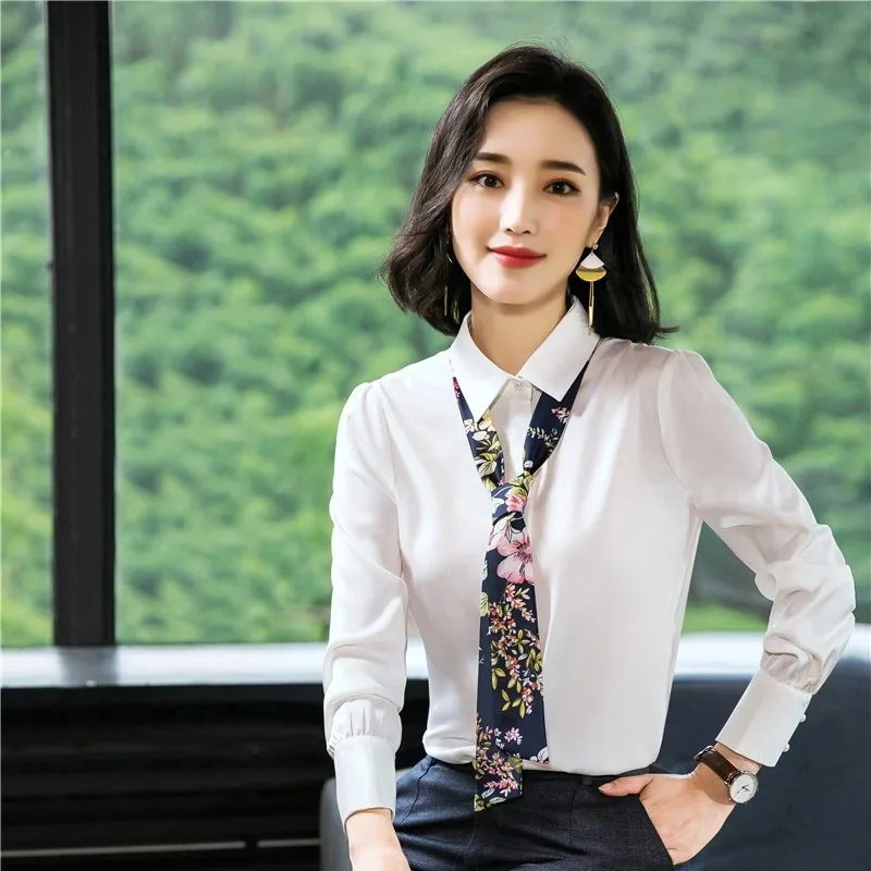 

Novelty White Blouses & Shirts Long Sleeve Spring Autumn Women Business Work Wear Blouse With Tie Female Tops Clothes OL Styles