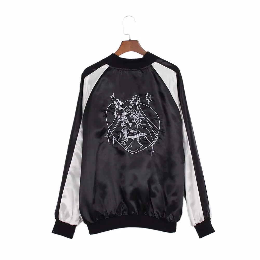 Qlychee Fashion Women Clothing Harajuku Basic Coat Satin Sailor Moon Jacket Embroidery Baseball Outerwear Jackets