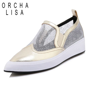 

ORCHA LISA Women slip on sneakers platform flats cow leather spring creepers shoes mesh breathable boat shoes black 1019
