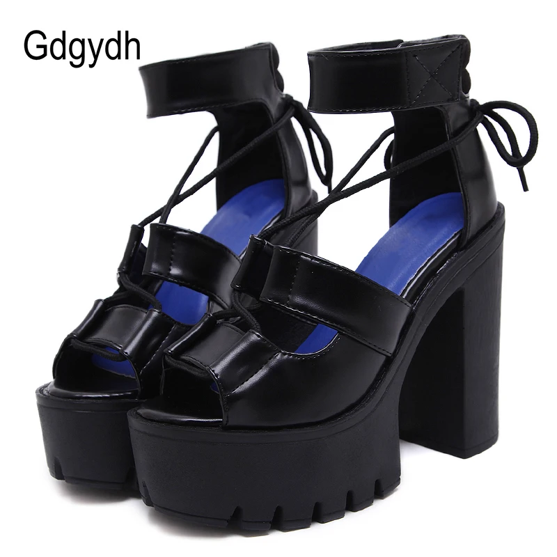 

Gdgydh Cross-tied Platform Chunky Wedged High Heels Ankle Strap Summer Shoes Woman Black Leather Drop Shipping 2019 New Arrival