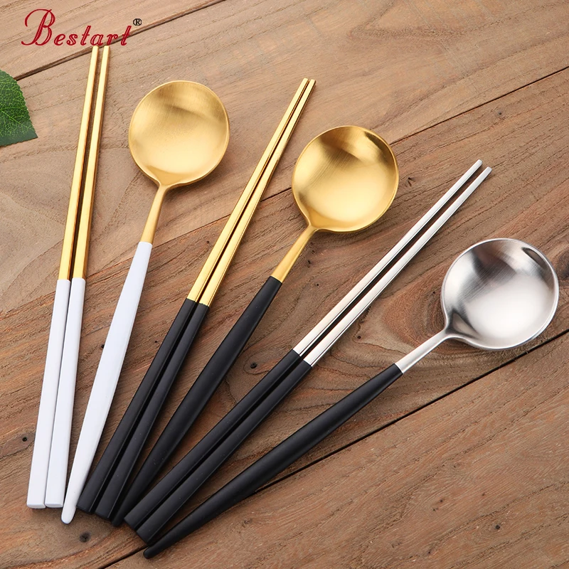 

Cupital Style Chopsticks and Spoon Set 18/10 Stainless Steel reusable chopsticks Dessert Spoons Travel Tableware Set for Gift