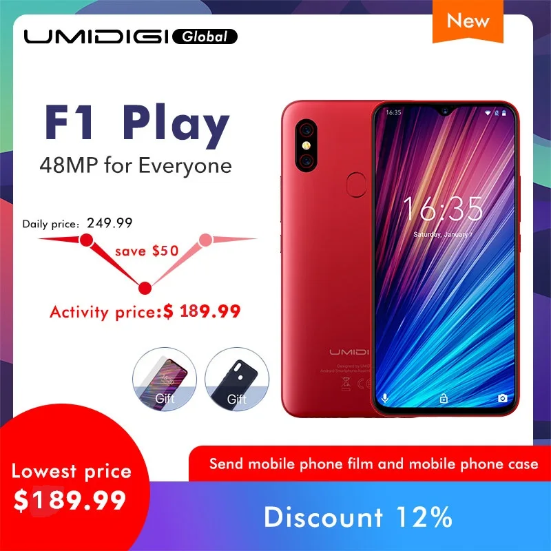 

UMIDIGI F1 Play Android 9.0 6GB RAM 64GB ROM 48MP+8MP+16MP Cameras 5150mAh 6.3" FHD+ Helio P60 Global Version Smartphone Dual 4G