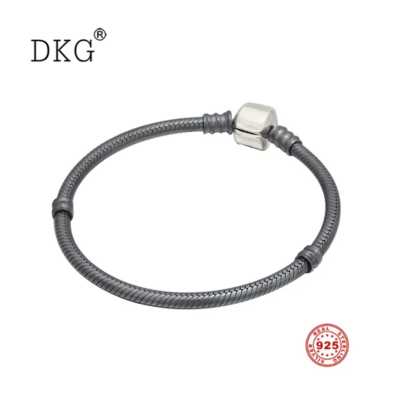 

925 Sterling Silver Moments Oxidized Silver Charm Snake Chain Barrel Clasp Bracelet Fit Europe Bangle DIY Jewelry