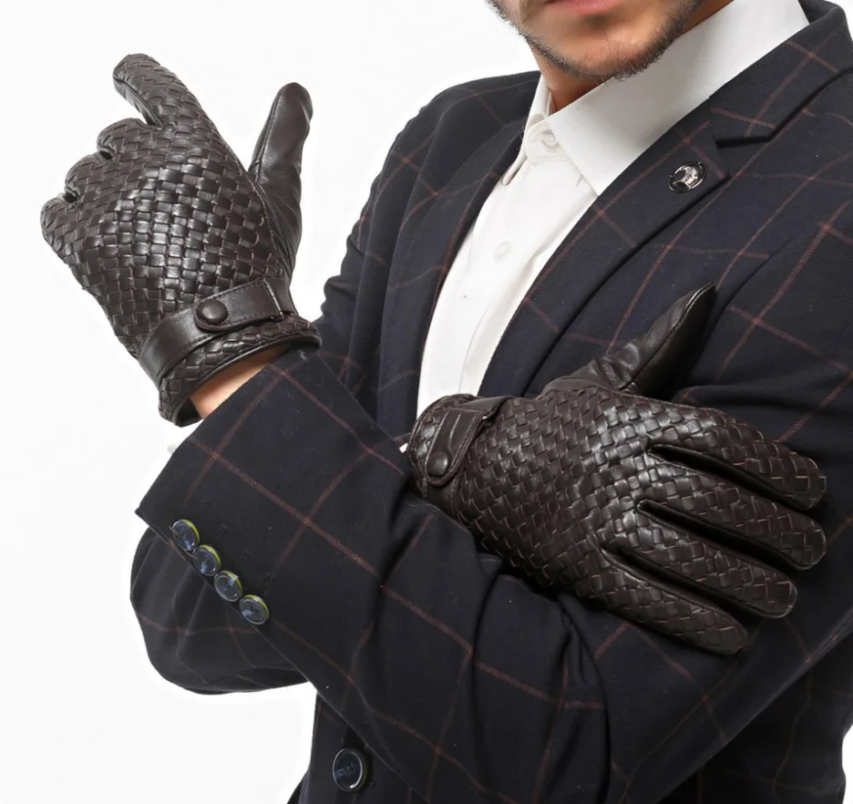 Роскошные волнистые мужские перчатки Goatskin ручной работы, полный палец, зима, натуральная кожа, сенсорный экран, вычисление телефона перчатки с кнопками, 3 цвета - Цвет: Dark Brown
