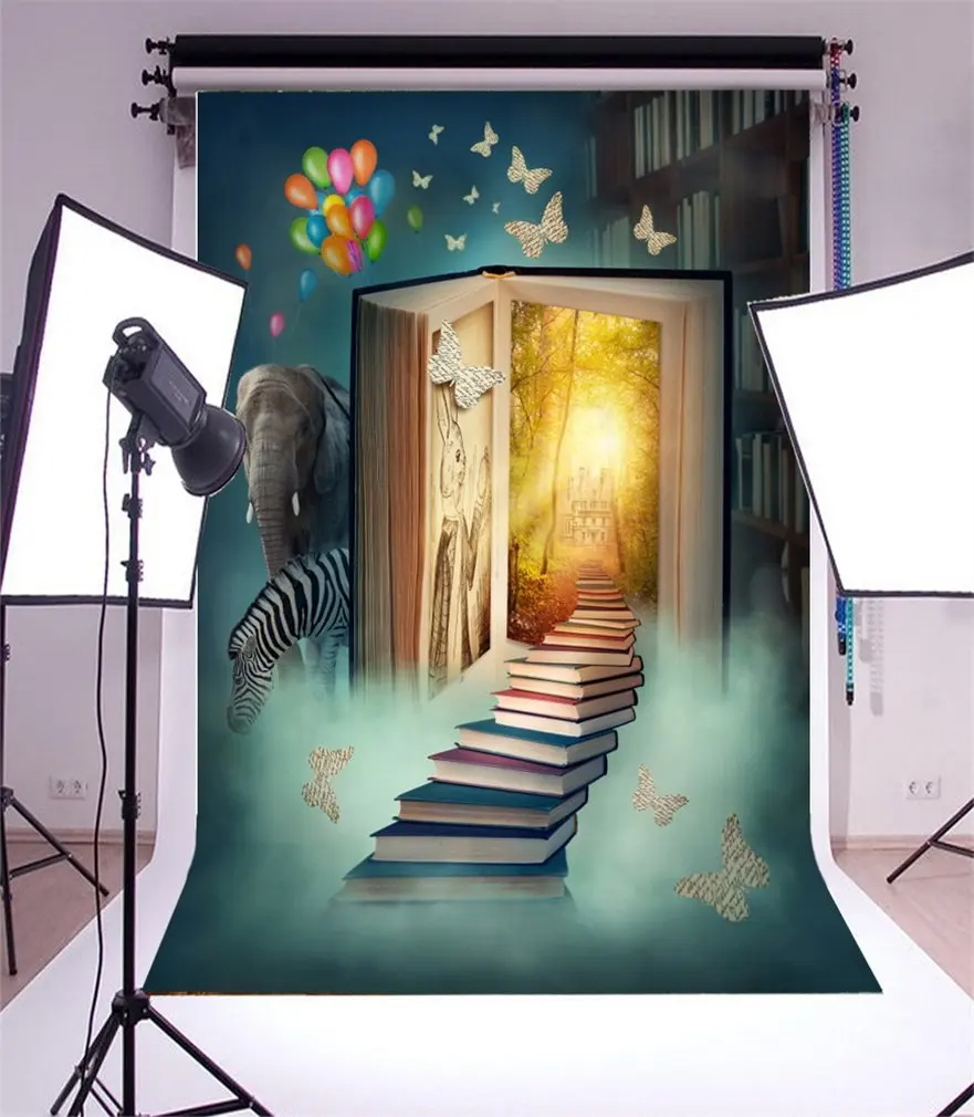 

Photography Backdrop Fairy Tale Butterfly Books to Castle Balloons Photo Background