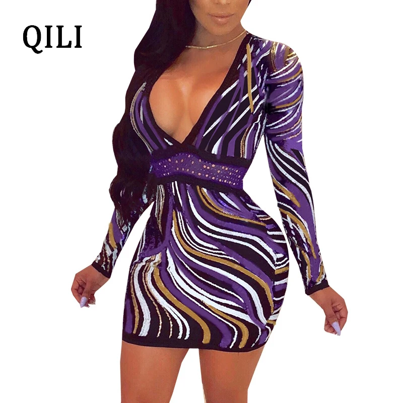 QILI с геометрическим принтом Sexy Глубокий v-образным вырезом платье Для женщин с длинным рукавом Высокая Талия Тонкий Мини-платья вечерние