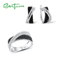 SANTUZZA набор украшений для женщин роскошный сверкающий черный белый CZ Кольцо Серьги Набор Аутентичные 925 пробы серебряные ювелирные изделия