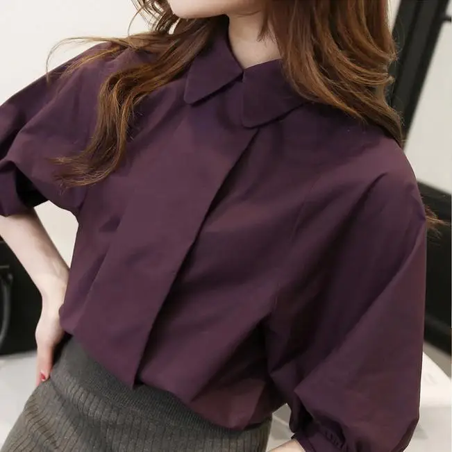 

summer Elegant women loose lantern sleeve shirt half Sleeve cotton blouse