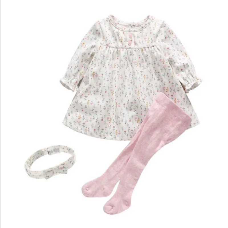 

Spring baby girl dress cotton floral dress suit Newborn clothes gift for girl dress + jumpsuit + headdress three-piece suit