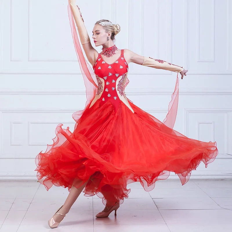 

Modern Dance tank shoulder sleeveless dress Adult Ballroom Dance dress pendant cuff rhinestones decoration one piece dress