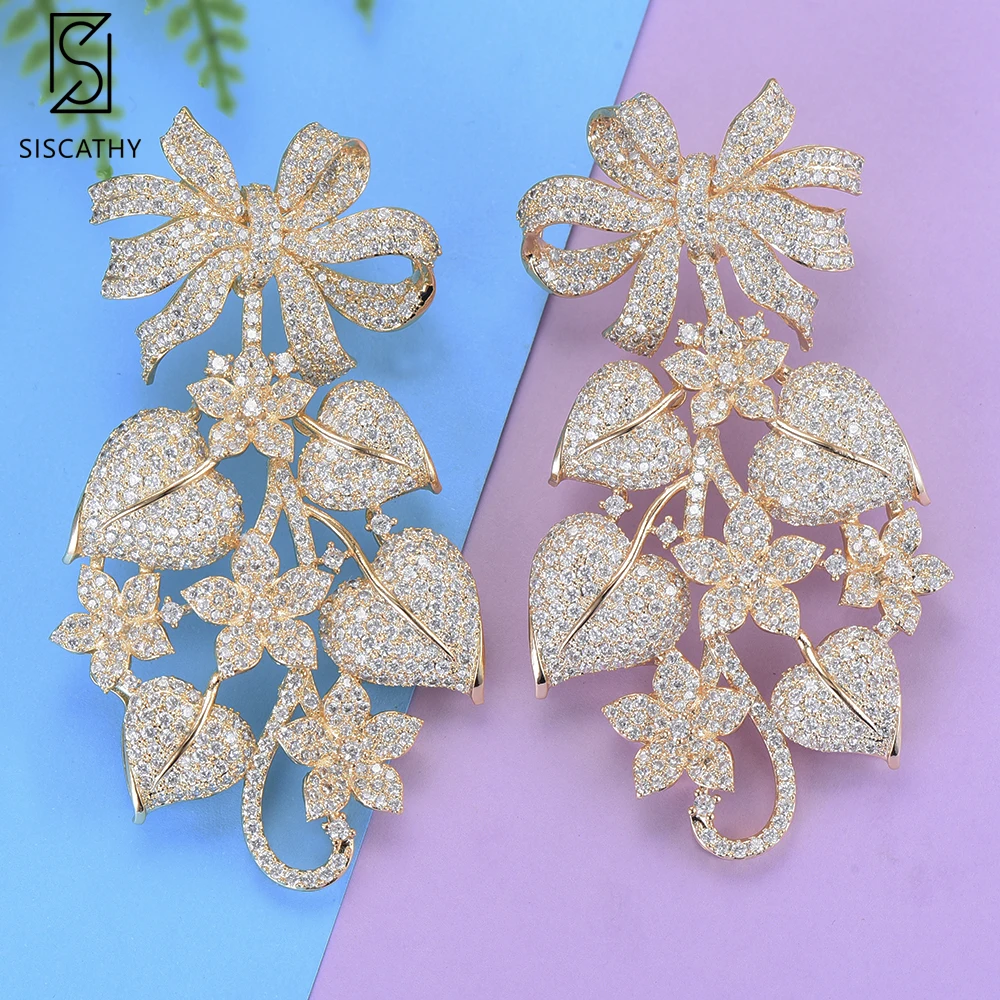 

SISCATHY Luxury Flower Leaf Earrings Cubic Zirconia Bridal Dangle Drop Earrings For Wedding Party acero inoxidable joyeria mujer