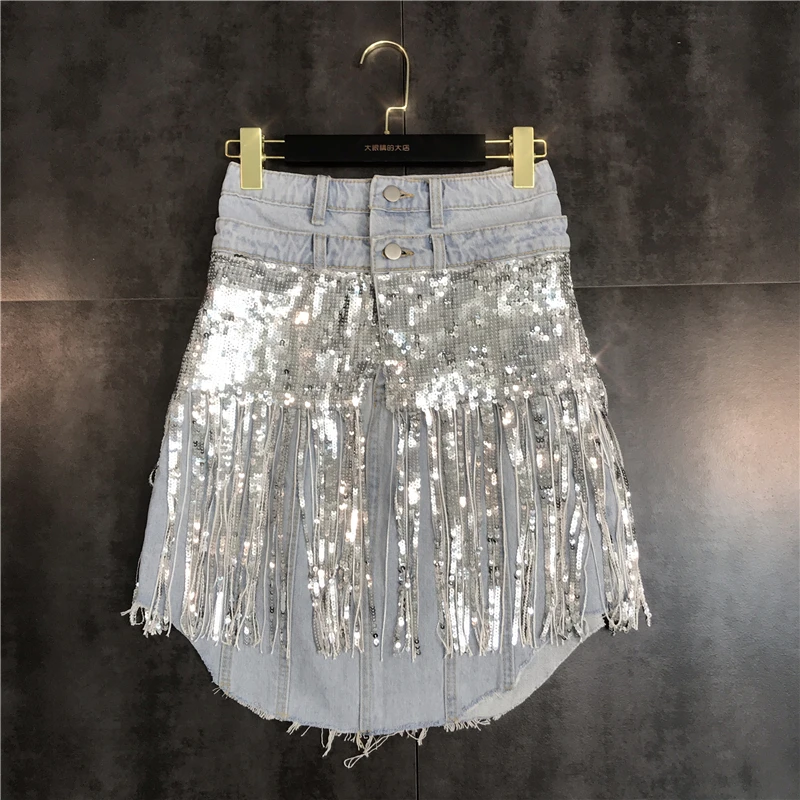 

skirts womens 2019 spring new sequins fringed edging heavy work denim skirt