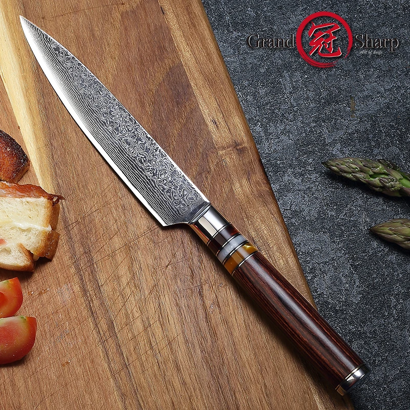 Comprar 5,3 cuchillo de cocina Damasco cuchillo japonés VG10 hoja de acero damasco acero fruta herramientas de pelado con caja de regalo Grandsharp