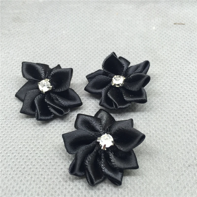 DIY 10 шт. атласная лента цветок с хрустальными бусинами Аппликации~ ремесло/отделка - Цвет: black
