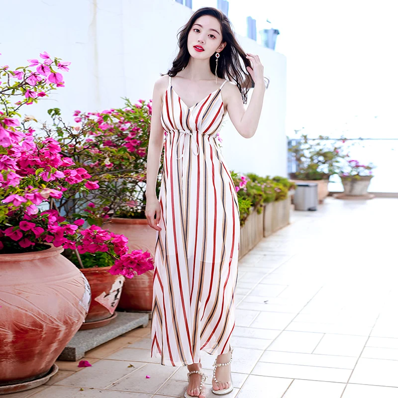 

2018 summer seaside beach Apron striped chiffon dress waist length skirt