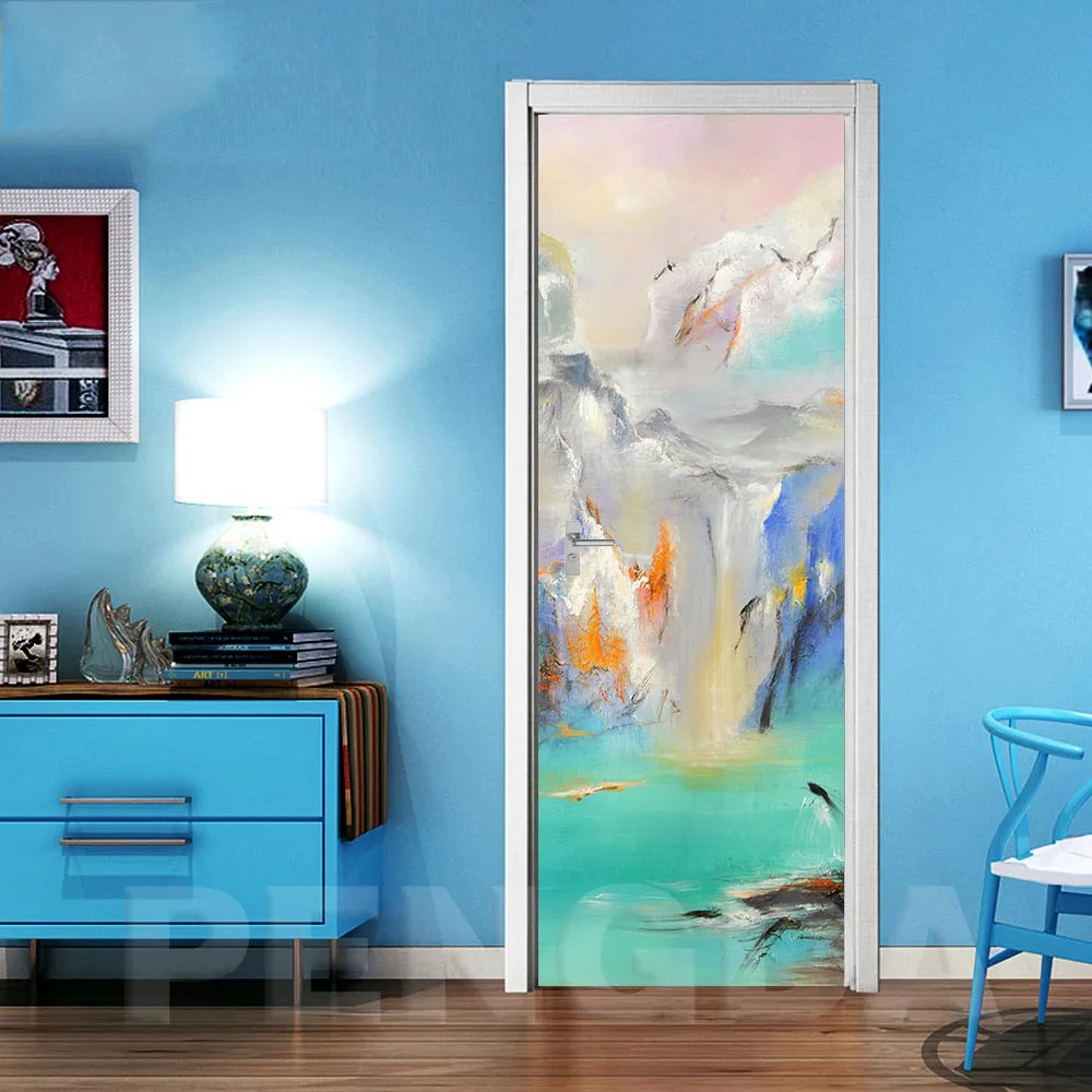 3D переводная бумага для обновления интерьера самоклеющаяся абстрактная картина водопад домашний декор Водонепроницаемая печать работа для гостиной дверь стикер - Цвет: Door XJNN5628-04