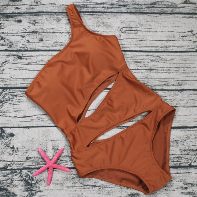 One Shoulder Women's One Piece Swimsuit Cut Out Swimwear Push Up Solid