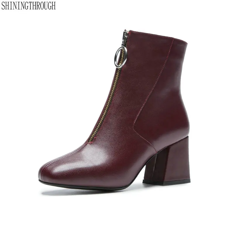 

2019 Promotional Winter Autumn Women Boots Platforms Square Heel Ankle Boots Cow Leather Motorcycle Lady Ladies Shoes