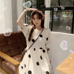 Новый 2019 летняя модель в Корейском стиле; свободные милые, в крапинку шифоновое платье