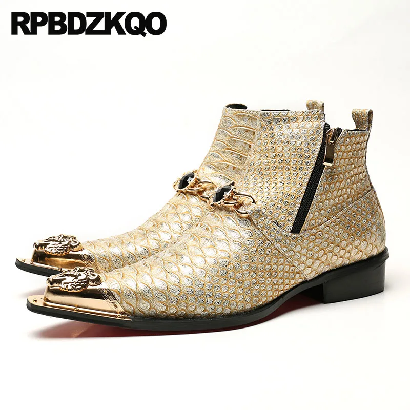 Snakeskin Metalic Mens Pointed Toe Dress Boots Party Gold Zipper Shoes