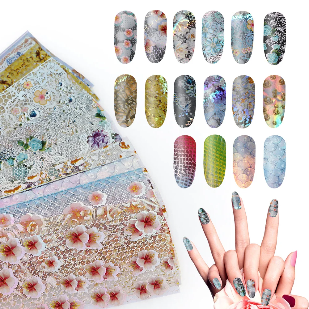 

16 Sheets Romantic Nail Foils Starry Paper Flower Leopard Snake Laser Shimmer Wrap Gel Nails DIY Polish Decoration Sticker Set